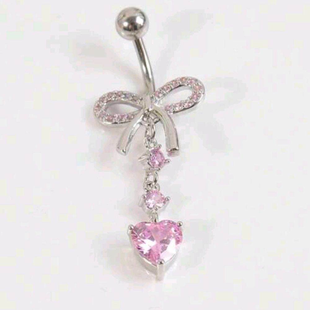 Pink Rhinestone Bow With Dangling Rounds & Heart Bellybutton Ring Jewelry (OS) - Picture 3 of 8